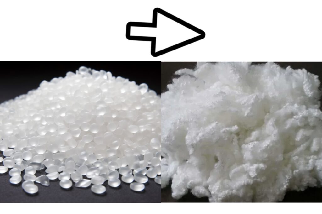 An illustration showing plastic chips being melted and extruded through a spinneret to form fibers
