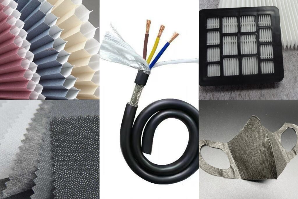 A collage of products made from polyester nonwoven: an air filter, a tea bag, an insulation sheet, and a honeycomb blind