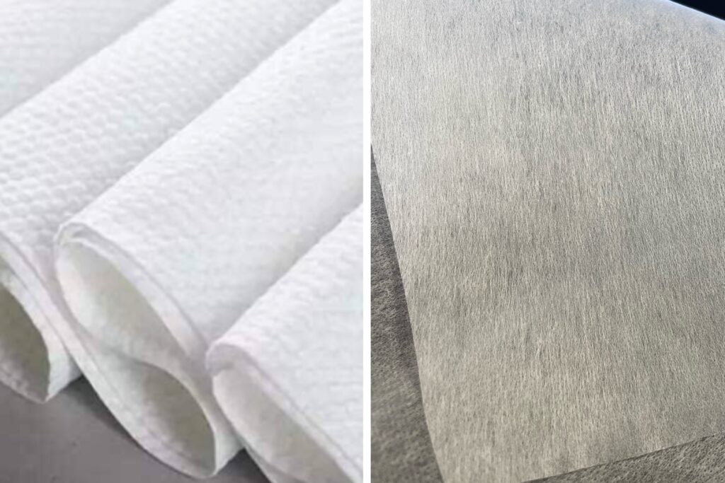 A side-by-side comparison showing the thin profile of a thermally-bonded wipe versus the thicker profile of a spunlace wipe