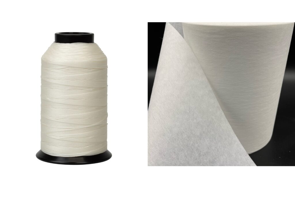 A spool of nylon thread next to a sheet of nylon non-woven fabric