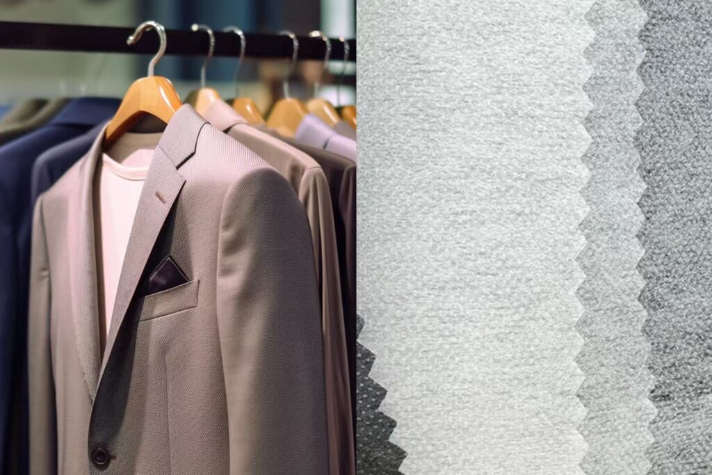 A close-up shot of a luxurious jacket, with a cutaway showing the soft nylon non-woven interlining inside