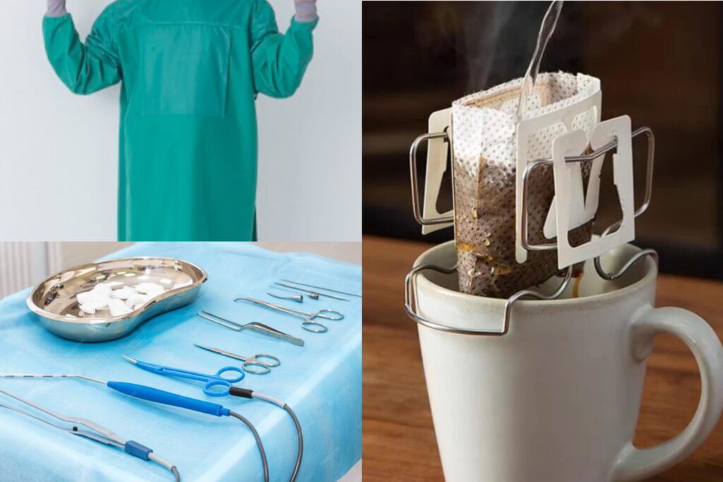 A collage of products made from laminated non-wovens: a medical gown, a coffee bag, and a waterproof mattress protector