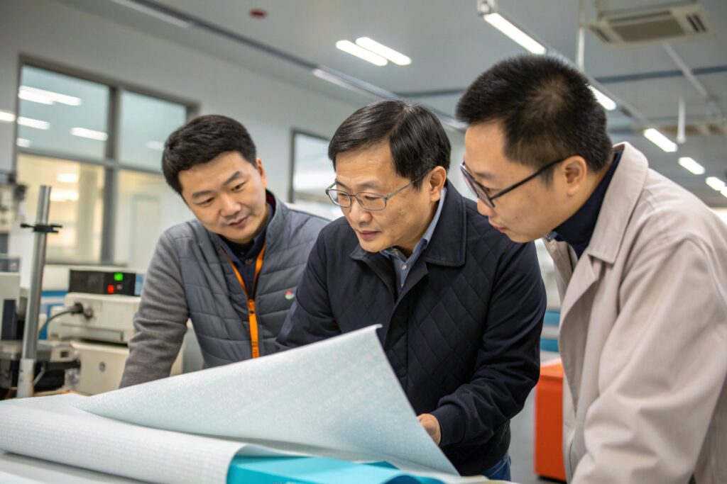 A photo of engineers and clients collaborating over fabric samples in a lab