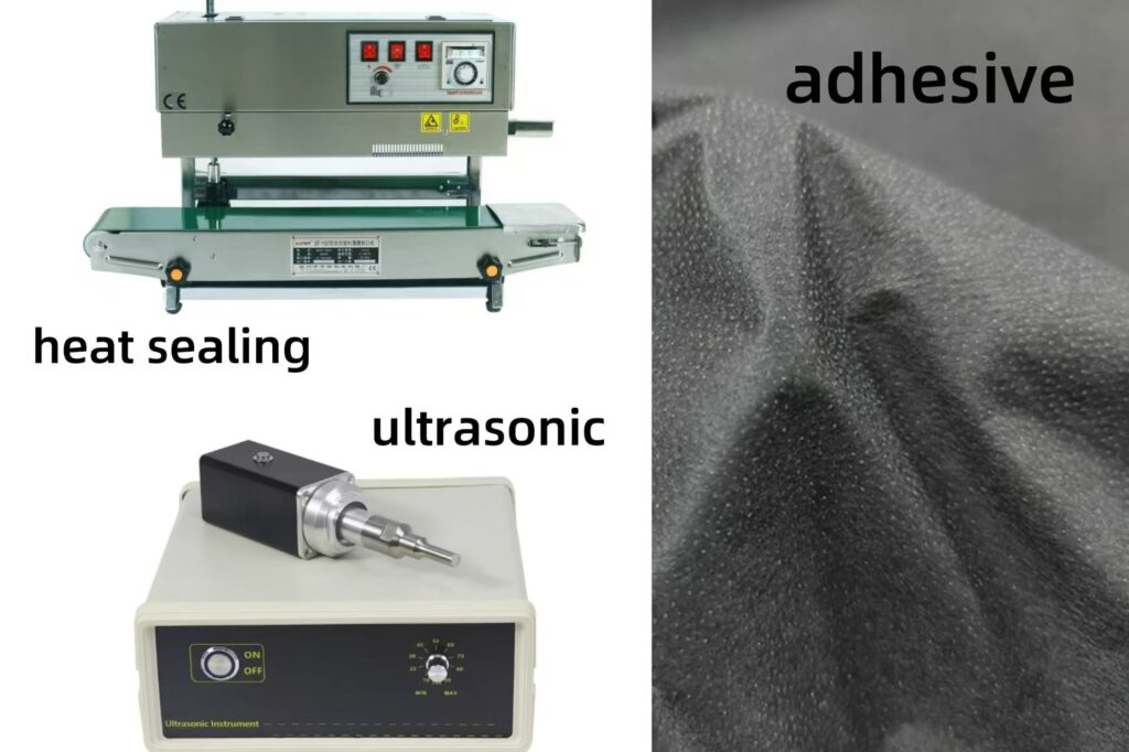A collage showing the three bonding methods: a heat sealer, an ultrasonic horn, and a glue applicator