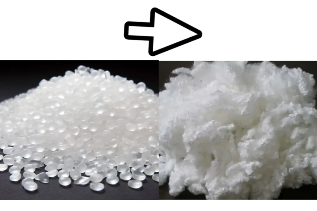 An illustration showing plastic chips being melted and extruded through a spinneret to form fibers
