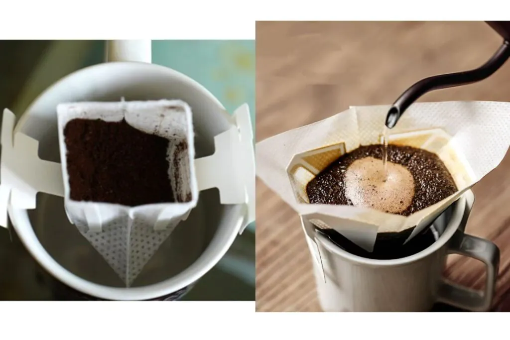 A classic paper coffee filter next to a modern non-woven drip coffee bag