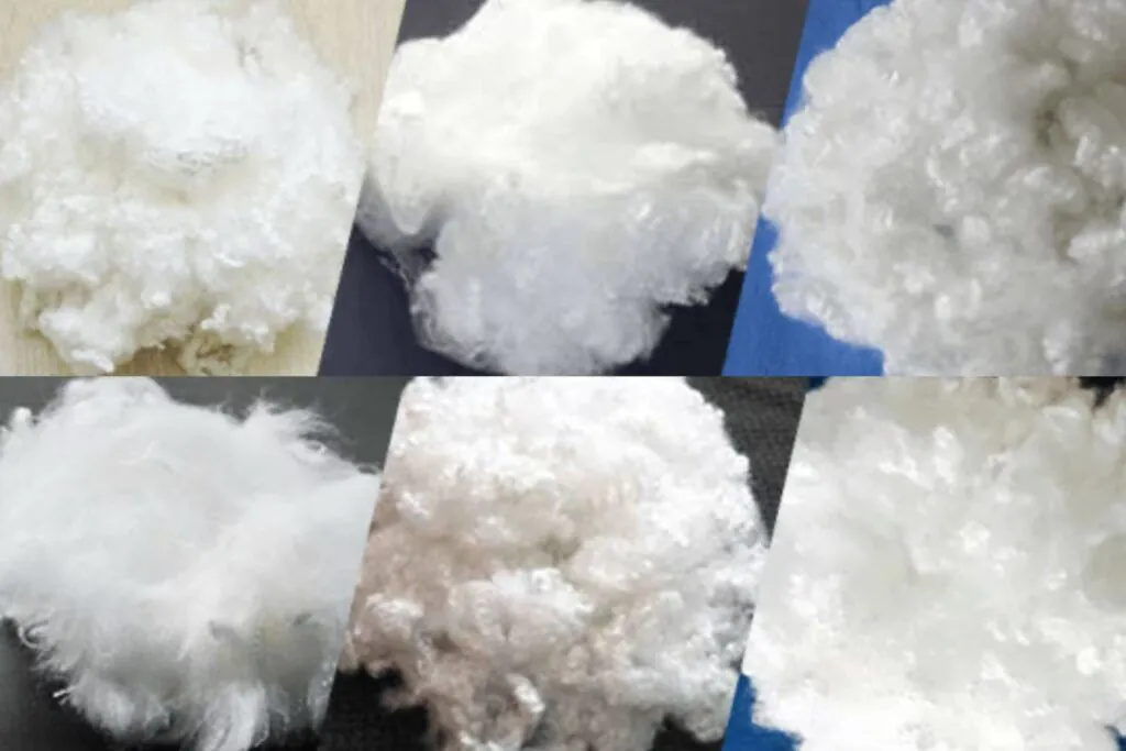 A display of various raw fibers like PET, PLA, and Nylon