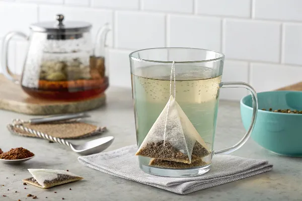Pyramid tea bag showing infusion