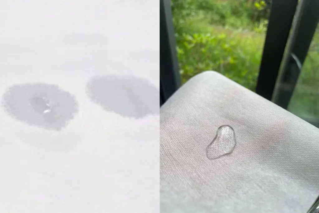 A side-by-side comparison showing a water drop absorbing into regular paper and beading up on nonwoven paper