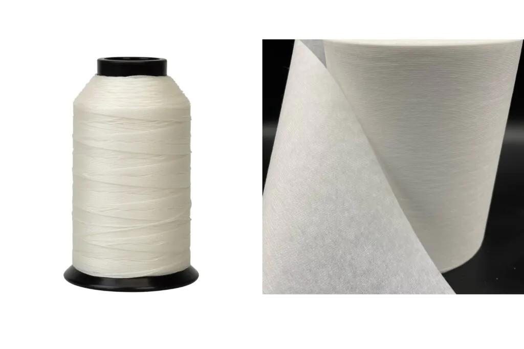 A spool of nylon thread next to a sheet of nylon non-woven fabric
