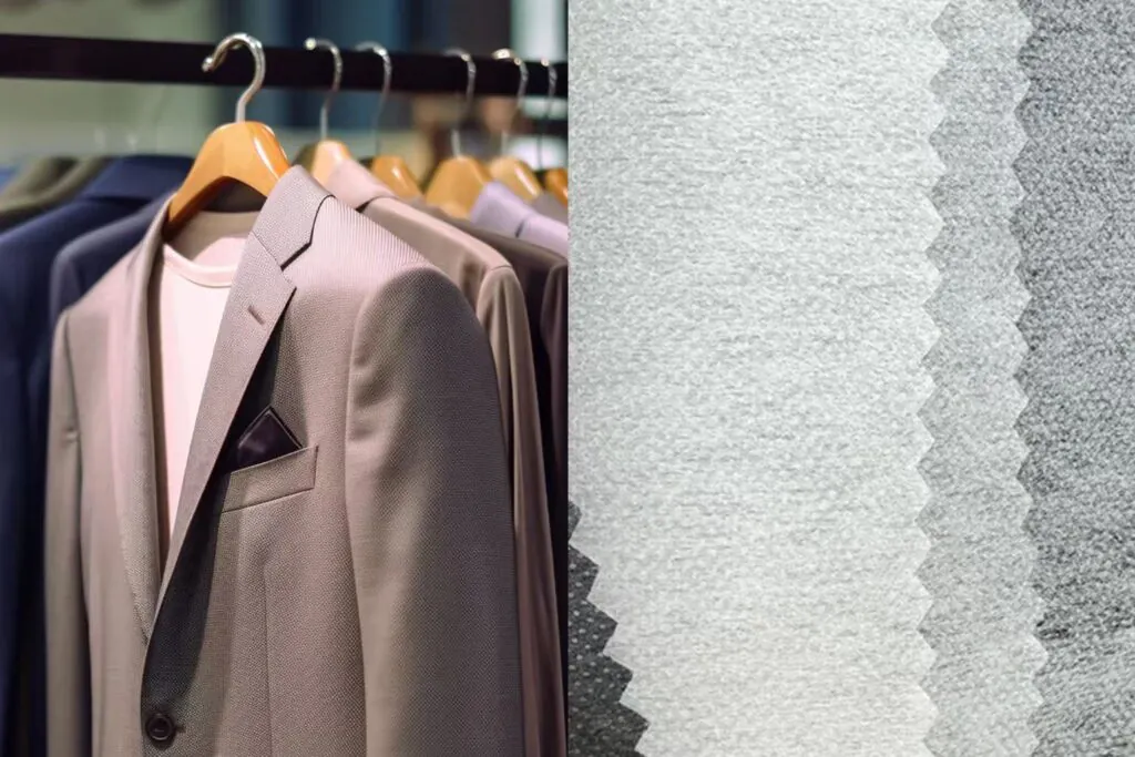A close-up shot of a luxurious jacket, with a cutaway showing the soft nylon non-woven interlining inside