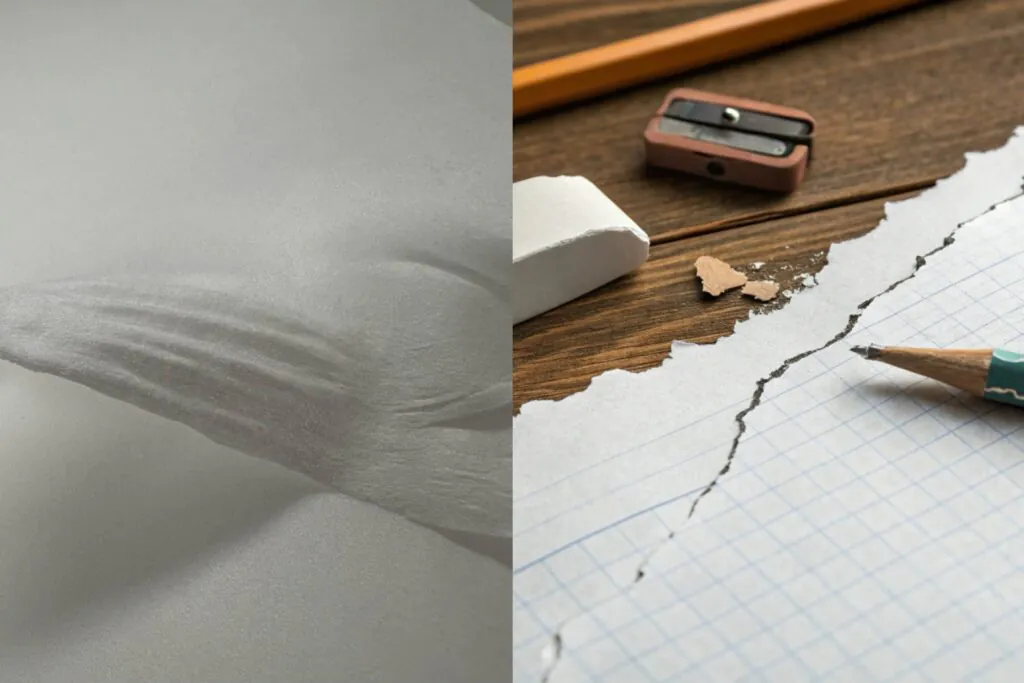 A sheet of nonwoven paper being pulled and stretched without tearing, next to a torn piece of regular paper