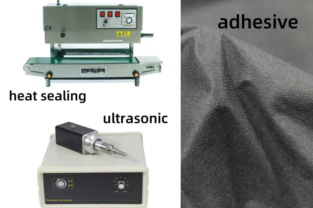 A collage showing the three bonding methods: a heat sealer, an ultrasonic horn, and a glue applicator