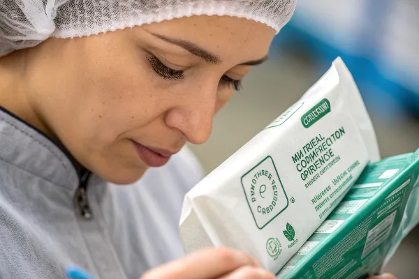 A person closely inspecting the material composition label on a package of non-woven wipes