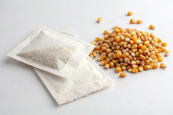 A photo showing a PLA non-woven tea bag next to a pile of corn kernels, highlighting its origin