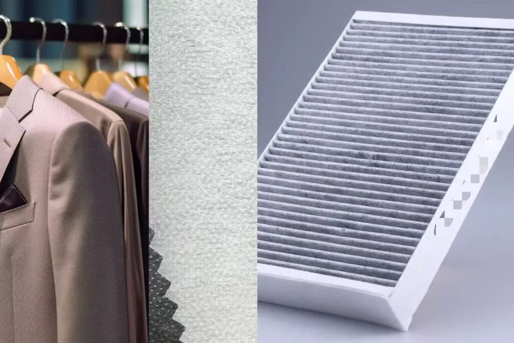 A split image showing a durable non-woven interlining on one side and a delicate air filter material on the other