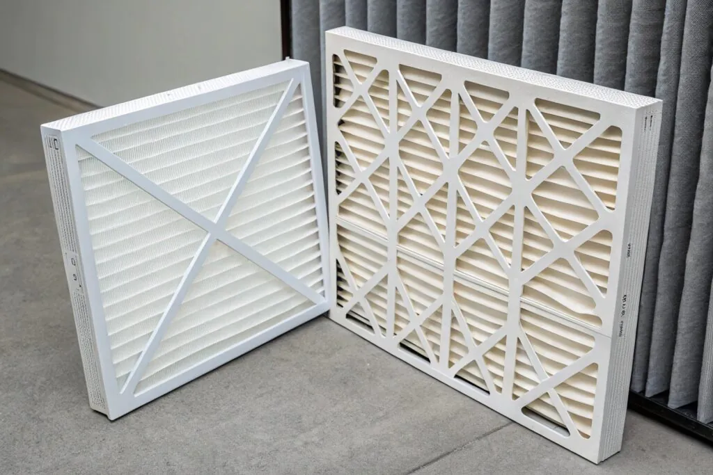 An image comparing two filters in an air duct: one is rigid and holds its shape, the other is collapsing under the force of the air