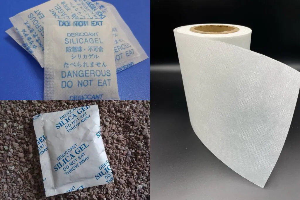 A roll of non-woven fabric next to finished silica gel desiccant packets